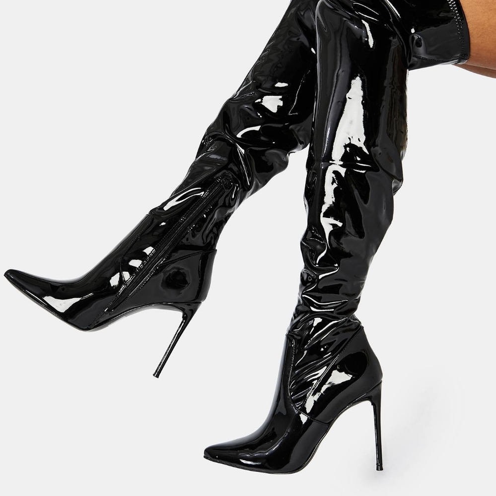 Steve Madden Viktory black patent thigh high stiletto boots